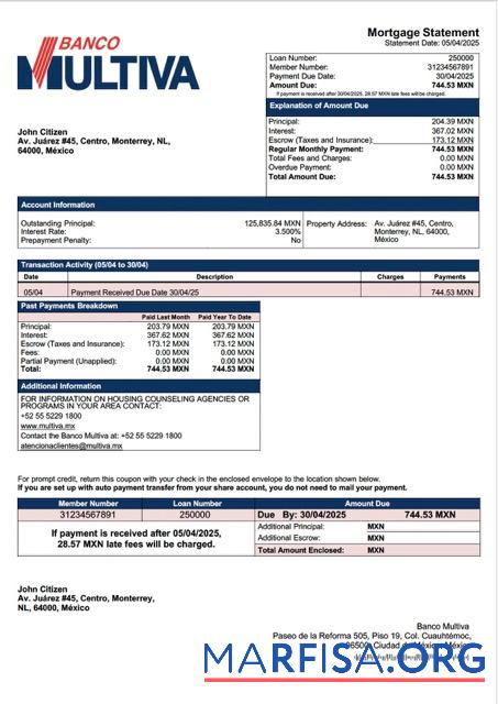 Downloadable Mexico Banco Multiva mortgage statement Word and PDF template